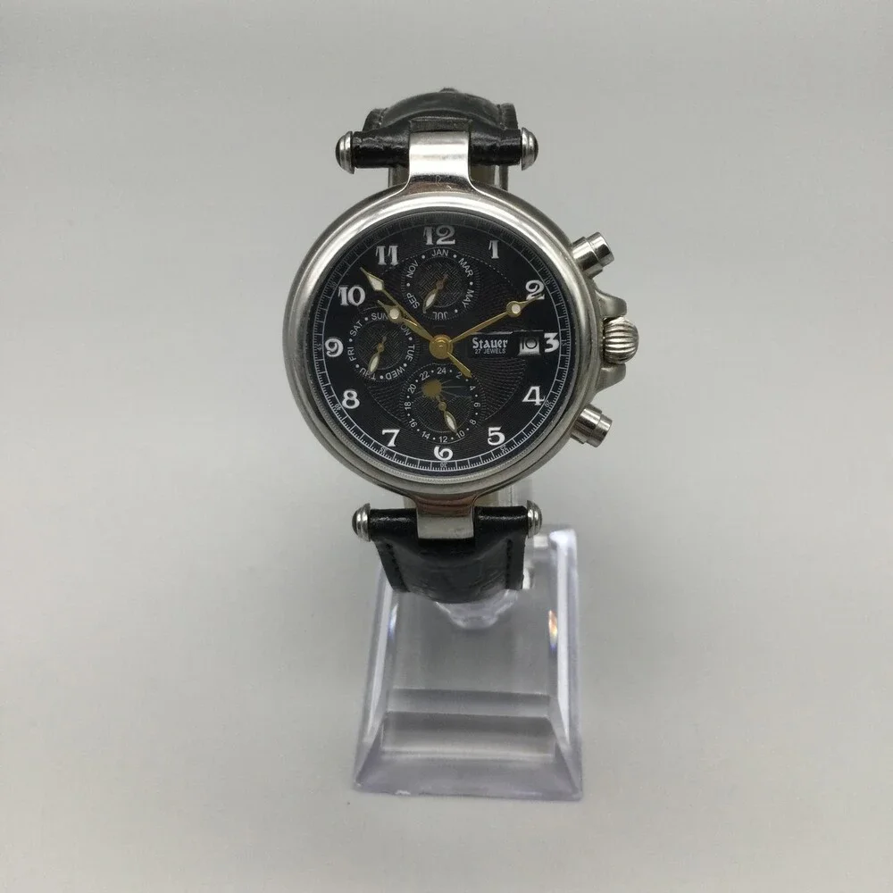 Stauer 27 Jewels Mens Watch 37mm Noire Moon Phase Day Date Month Automatic